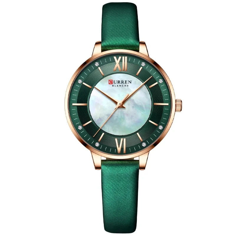 Green wristwatch with rose gold accents on a white background, featuring the brand 'Curren'.