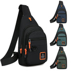 Black sling bag with orange accents and multiple views on a white background