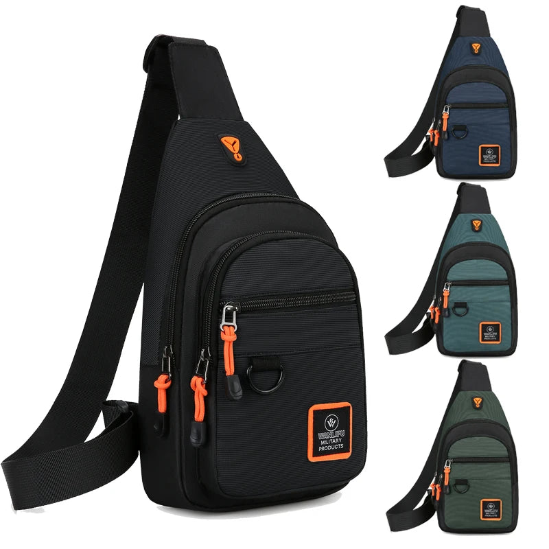Black sling bag with orange accents and multiple views on a white background