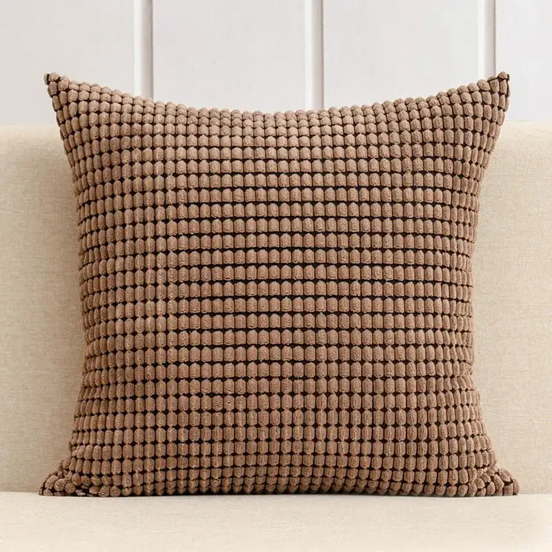 Brown textured pillow on a beige couch with a white paneled wall background