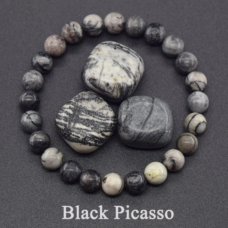 Black Picasso stone bracelet on a dark background with 'Black Picasso' text.