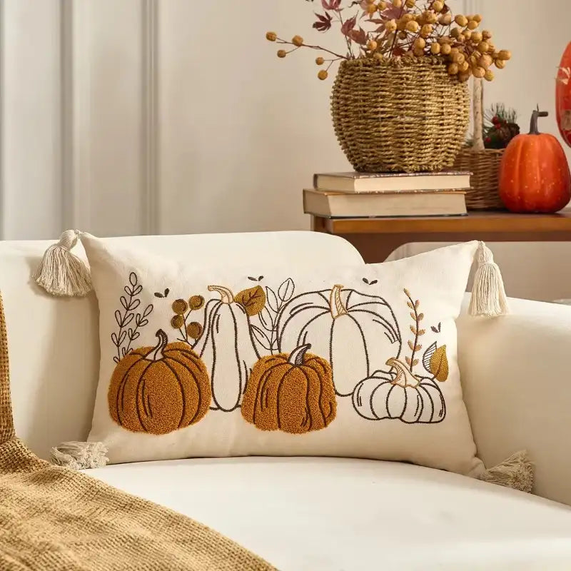 EMESA HOME Autumn Embroidered Farmhouse Decorative Cushion Cover