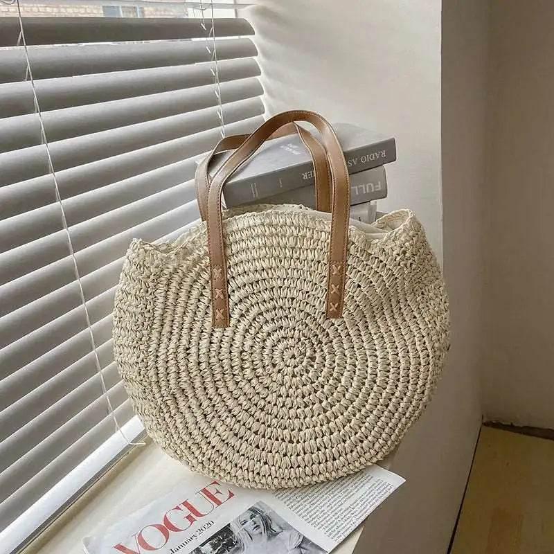 EMESA HOME Summer Round Straw Bags for Women Handmade Woven Rattan Shoulder Bag, Large Capacity Beach Handbag, Travel Tote Bag - EMESA HOME™