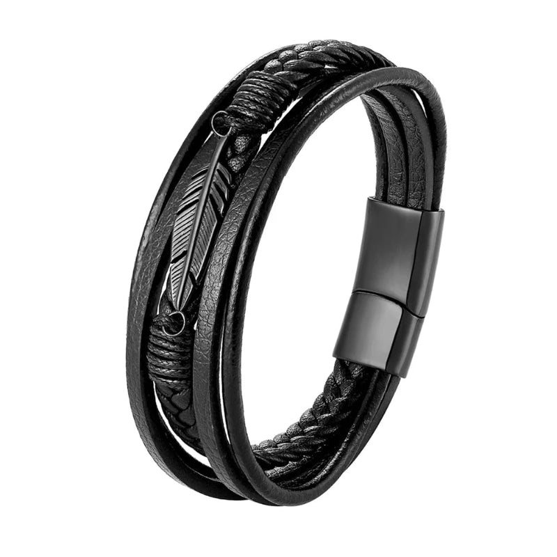 Black braided leather bracelet with feather charm on a white background