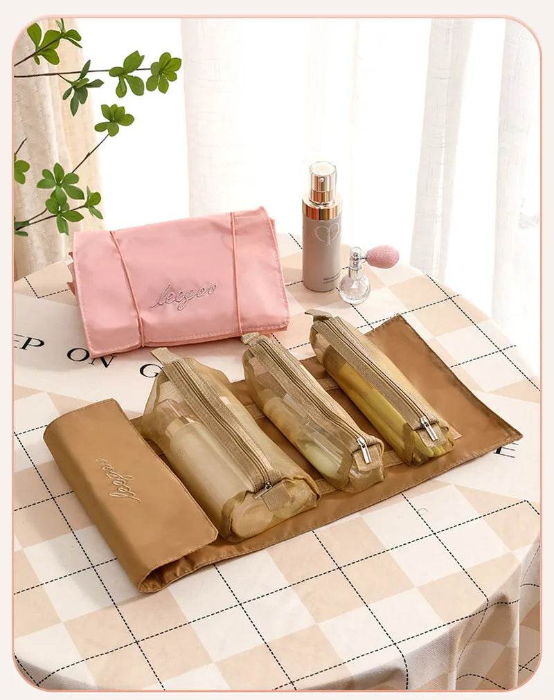 EMESA HOME 4-in-1 Makeup Bag for Women – Large-Capacity Folding Detachable Nylon Mesh Travel Cosmetic & Toiletry Organizer