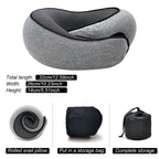 Gray neck pillow with measurements and storage bag on a white background