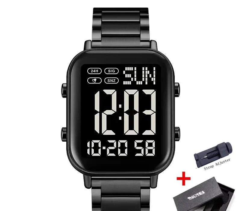 Black digital watch with strap adjuster on a white background, featuring the Skmei brand.