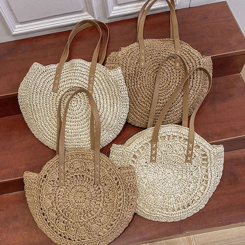 EMESA HOME Summer Round Straw Women Vacation Woven Beach Shoulder Bag Large Capacity Hollow Out Simple Tote Bag