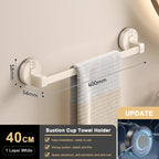Suction cup towel holder with dimensions and features on a beige wall background