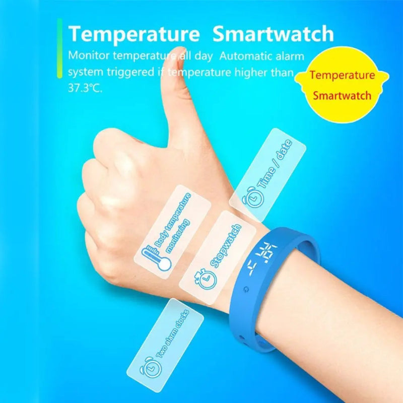 Hand wearing a blue temperature smartwatch with digital display on a blue background