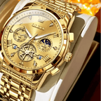 Gold wristwatch with detailed face and white strap on a dark background, featuring OLEVS branding.