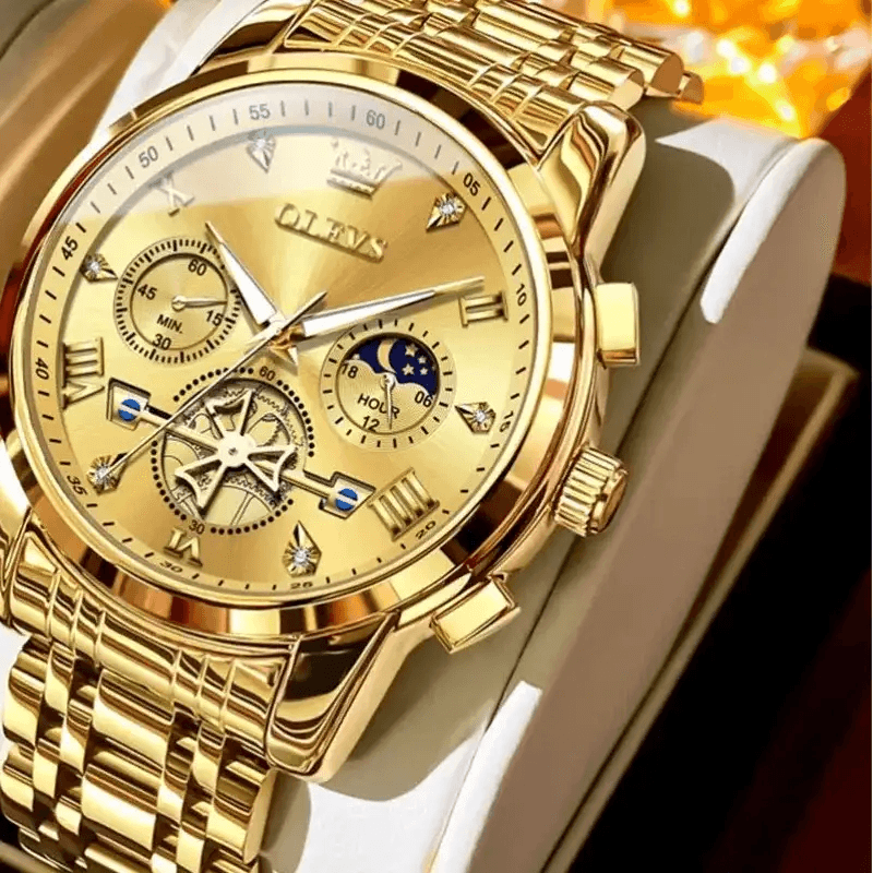 Gold wristwatch with detailed face and white strap on a dark background, featuring OLEVS branding.