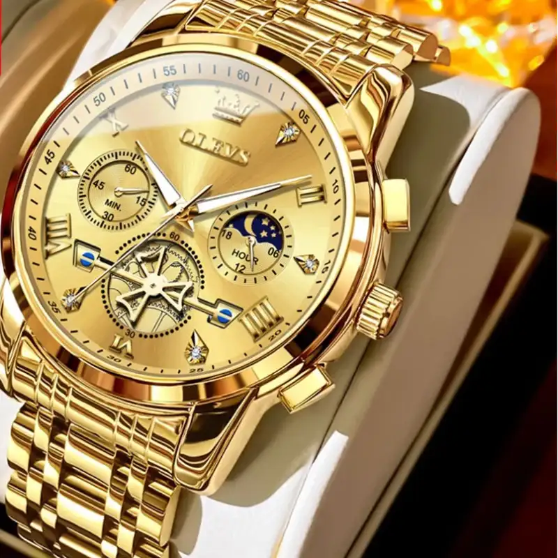 Gold wristwatch with detailed face and white strap on a dark background, featuring OLEVS branding.