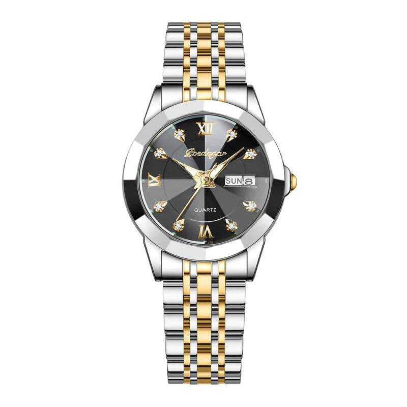 EMESA HOME Luxury Ladies Wristwatch, Luminous Waterproof Quartz Date & Week Display, Stainless Steel Women's Dress Watch with Box Gold Black