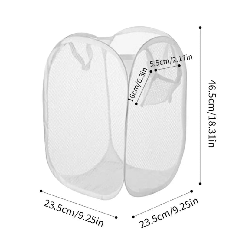 White mesh laundry bags with dimensions indicated on a white background