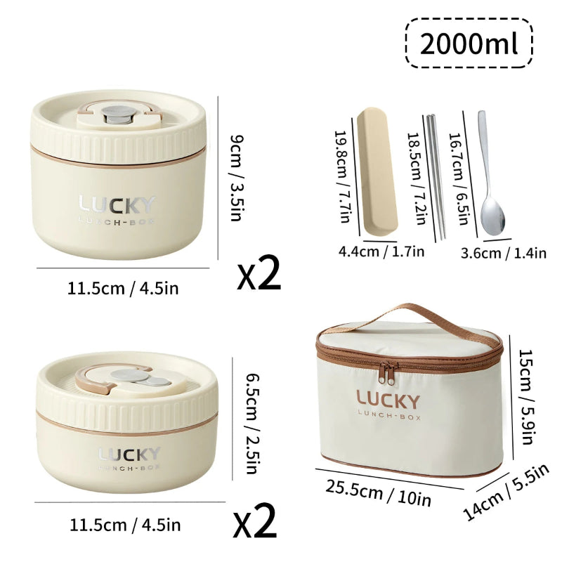 Lucky lunch box set with dimensions and capacity details on a white background
