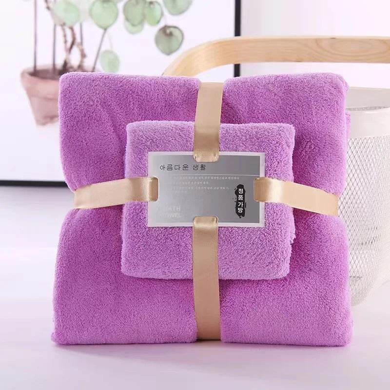 EMESA HOME 2PC Bath Towels Set for Adults, Super Soft Coral Velvet, Highly Absorbent & Quick-Drying Towels for Home, Hotel, and Spa Bathroom Use Purple 70x140cm 35X75CM