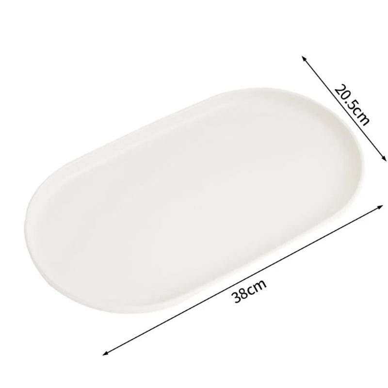 White oval serving tray with dimension annotations showing a length of 38cm and a width of 20.5cm on a plain white background.