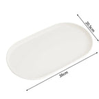 White oval serving tray with dimension annotations showing a length of 38cm and a width of 20.5cm on a plain white background.