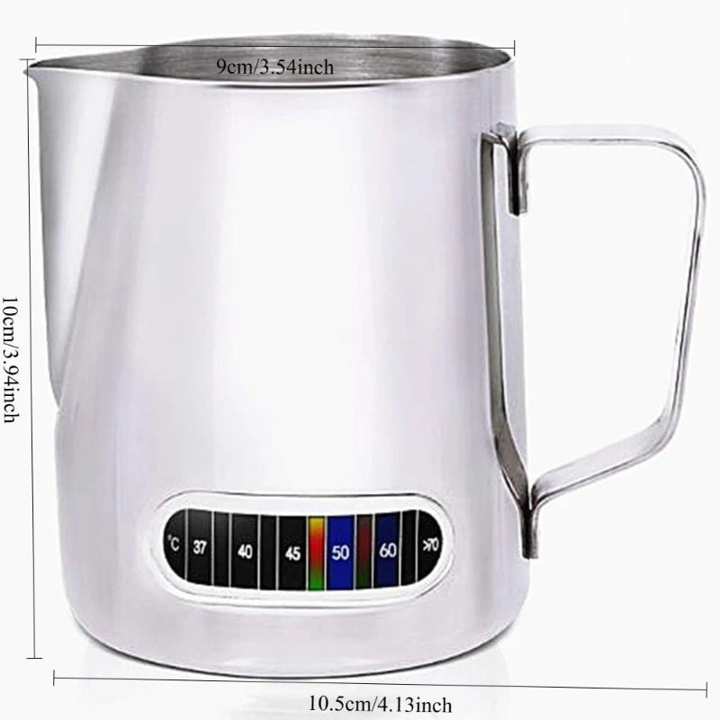 Stainless steel milk frothing pitcher with temperature gauge and dimensions on a white background