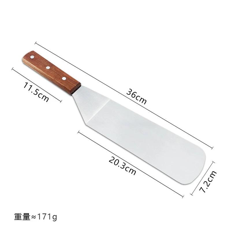 Measuring chart of a metal spatula with wooden handle on a white background