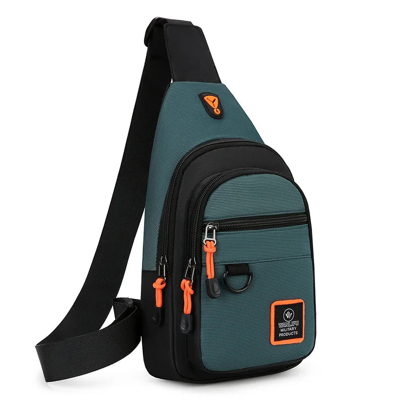 Green and black sling bag with orange accents on a white background