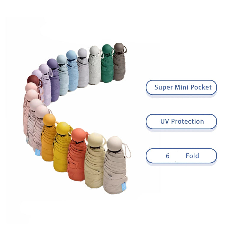 Colorful capsule umbrellas arranged in a circular pattern with product features listed.