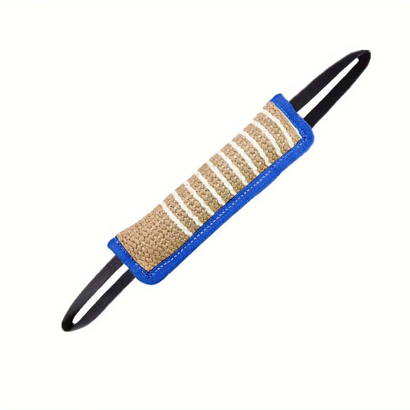 Pet toy with jute wrap and black handle on a white background
