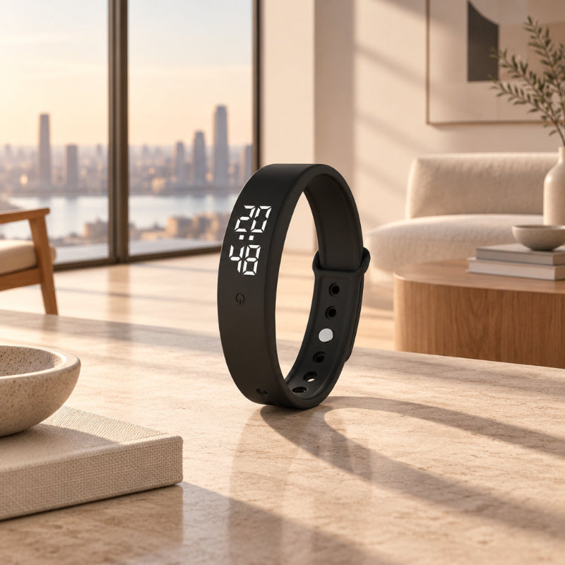 A black silicone fitness tracker with a digital LED display showing the time, standing upright on a polished stone tabletop in a modern, sunlit living room with a city skyline in the background.
