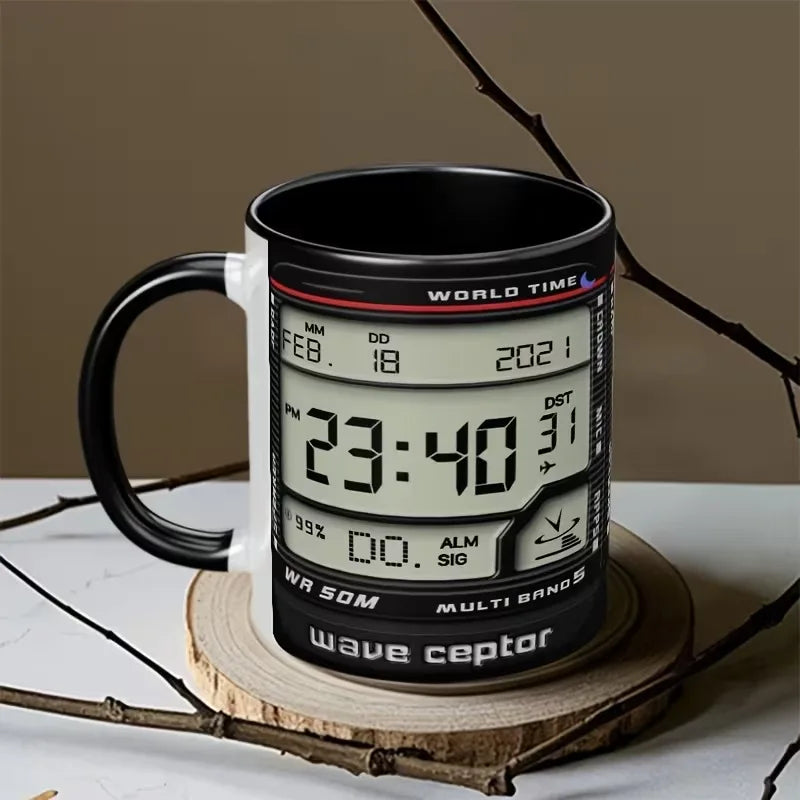 A Black ceramic mug printed with a digital wave ceptor radar detector design, featuring a black face with red and blue accents and a black handle.