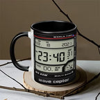 A Black ceramic mug printed with a digital wave ceptor radar detector design, featuring a black face with red and blue accents and a black handle.