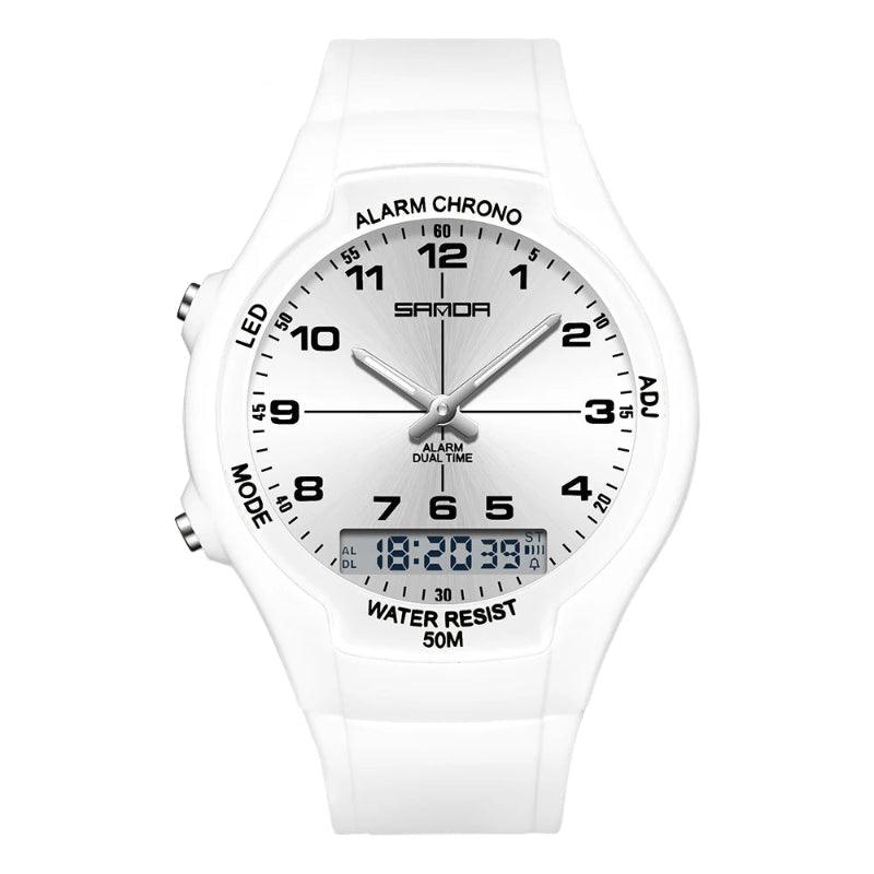 White watch with digital and analog display on a white background