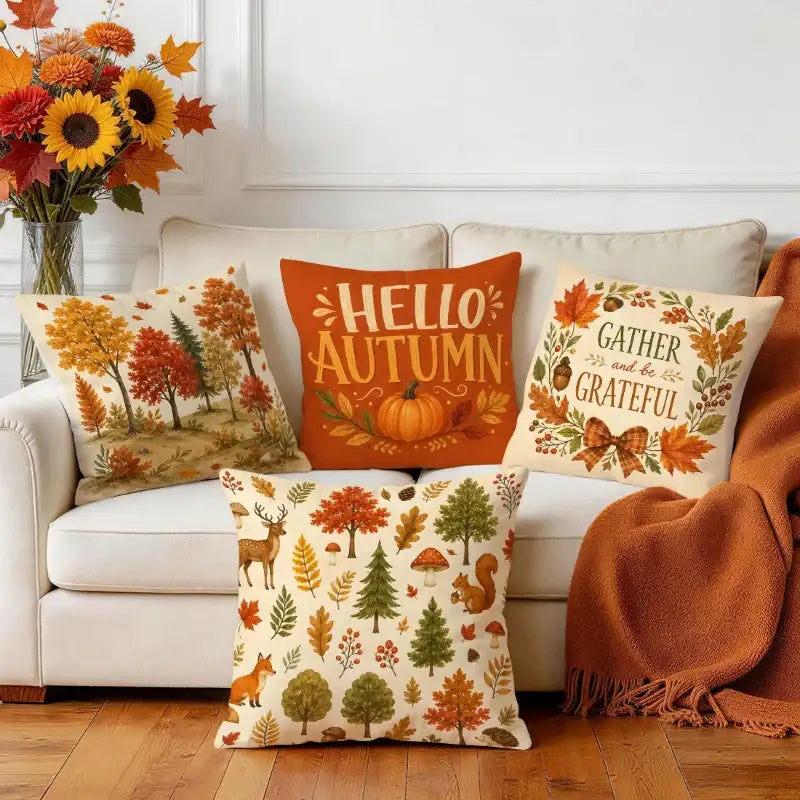 Three decorative throw pillows with autumn-themed designs are arranged on a white sofa in a living room setting, alongside a rust-orange throw blanket and a vase of fall flowers.