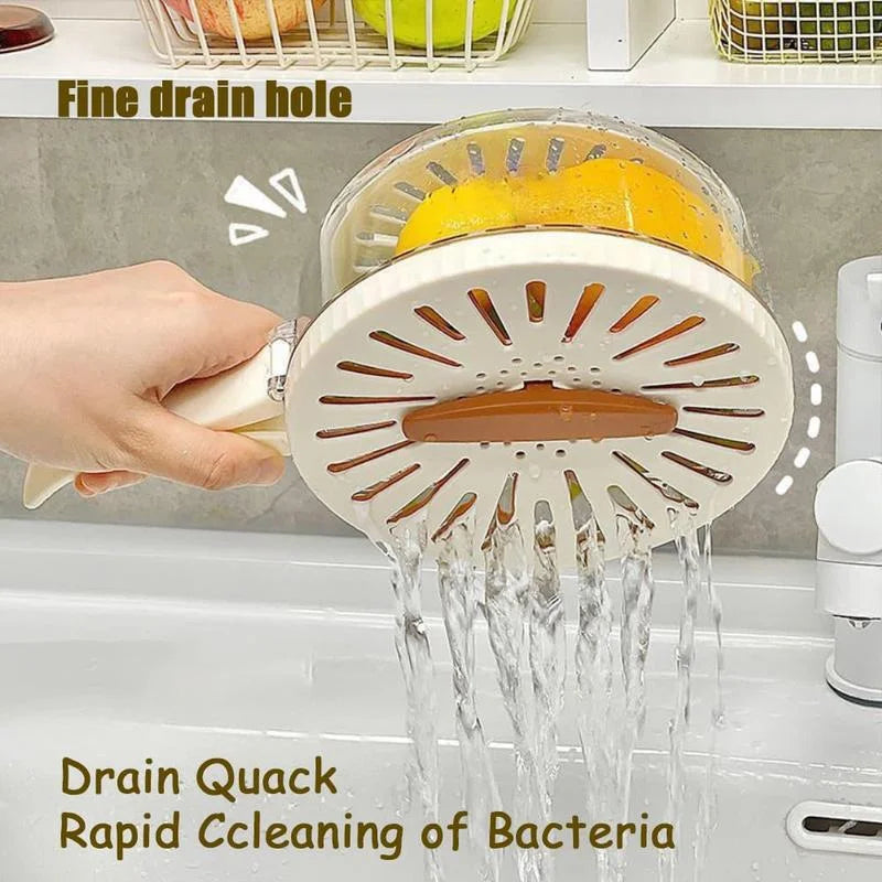 Hand using a kitchen tool with a fine drain hole to clean water, with text highlighting features.