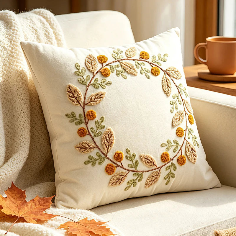 An off-white throw pillow with a circular embroidered leaf and pom-pom wreath design in olive green, tan, and mustard yellow, styled on a cream sofa with a knit blanket and autumn leaves.