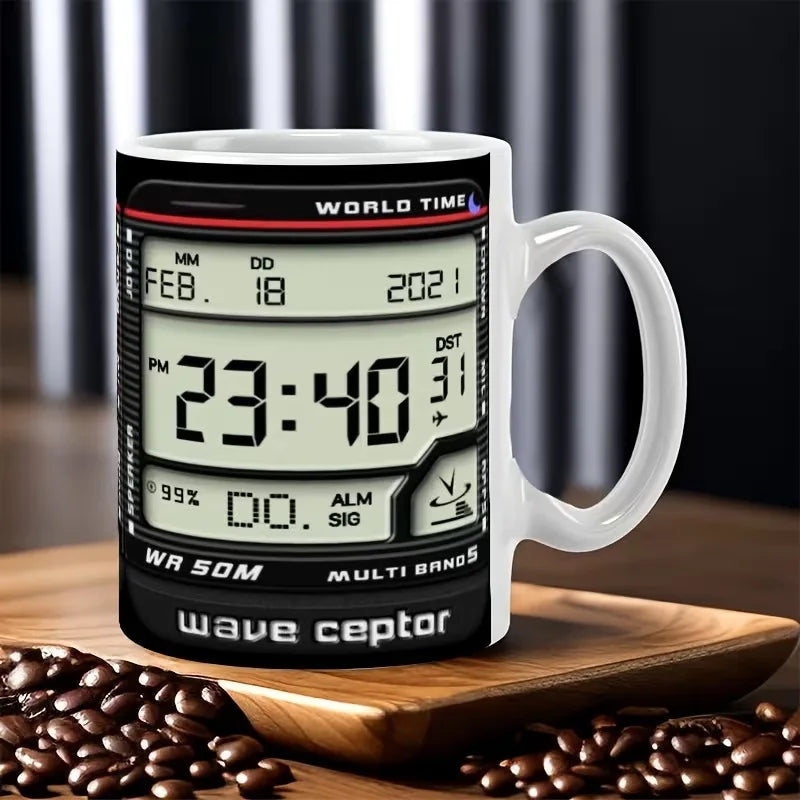A white ceramic coffee mug printed with a digital military-style world time display face, shown on a wooden tray with coffee beans in the foreground.
