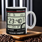 A white ceramic coffee mug printed with a digital military-style world time display face, shown on a wooden tray with coffee beans in the foreground.
