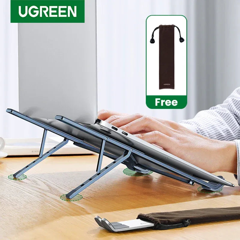 Person using a laptop on a UGREEN stand with a free carrying case included.