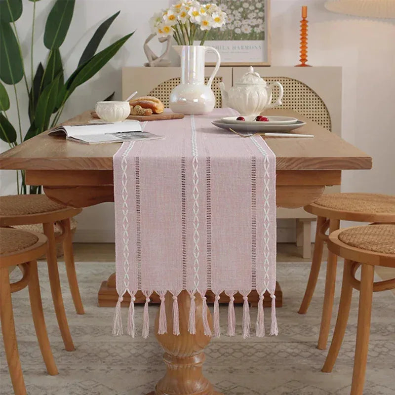 EMESA HOME Cotton Linen Blend Table Runner – Hand Woven Tassels for Wedding Party Arch Door & Dining Table Decor - EMESA HOME™