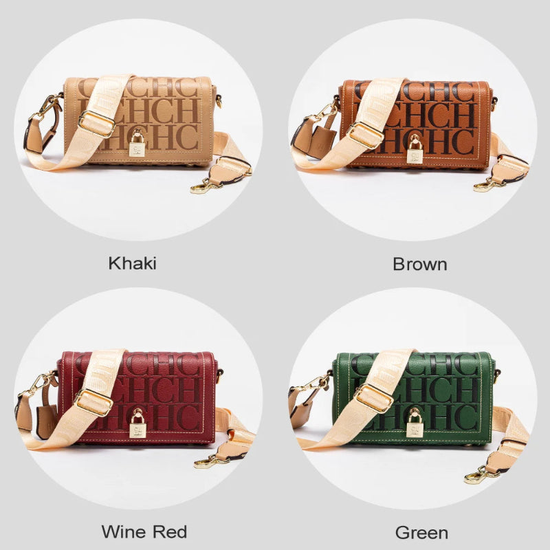 Four different colored handbags with 'HC' branding on a gray background