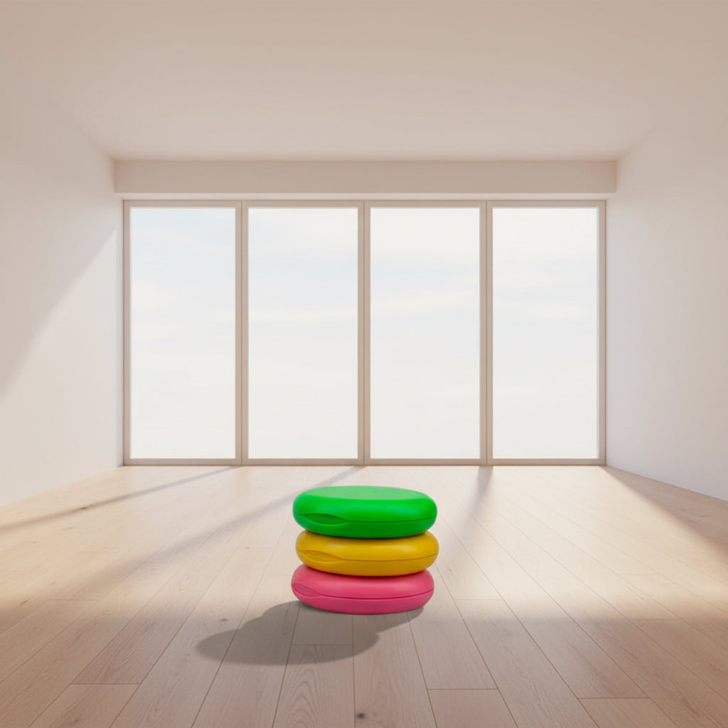 Three colorful round containers stacked on a white background