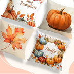 Four decorative throw pillow cases with autumn fall prints, including pumpkins, maple leaves, and 'Hello Pumpkin' and 'Thankful' text, arranged on a light background with peach abstract shapes and the text 'PILLOW CASE' and 'HD Digital Printing'.