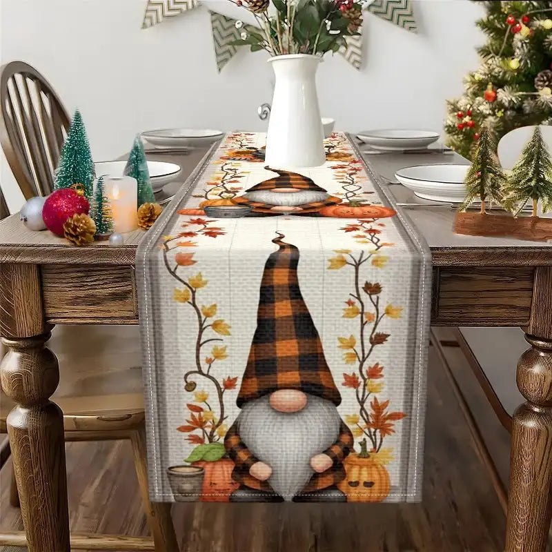 EMESA HOME Autumn Plaid Hat Elves & Pumpkin Decorative Table Runner