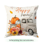 A square decorative throw pillow with a fall harvest design featuring a vintage pickup truck carrying pumpkins and flowers, with the words 'Happy harvest' printed on the front. The pillow is shown on a white background with a text label at the bottom reading '2d flat printing, Non-real embroidery.