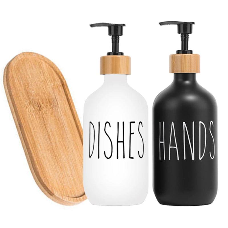 Two soap dispensers labeled 'Dishes' and 'Hands' with wooden and black finishes on a white background.
