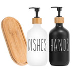 Two soap dispensers labeled 'Dishes' and 'Hands' with wooden and black finishes on a white background.