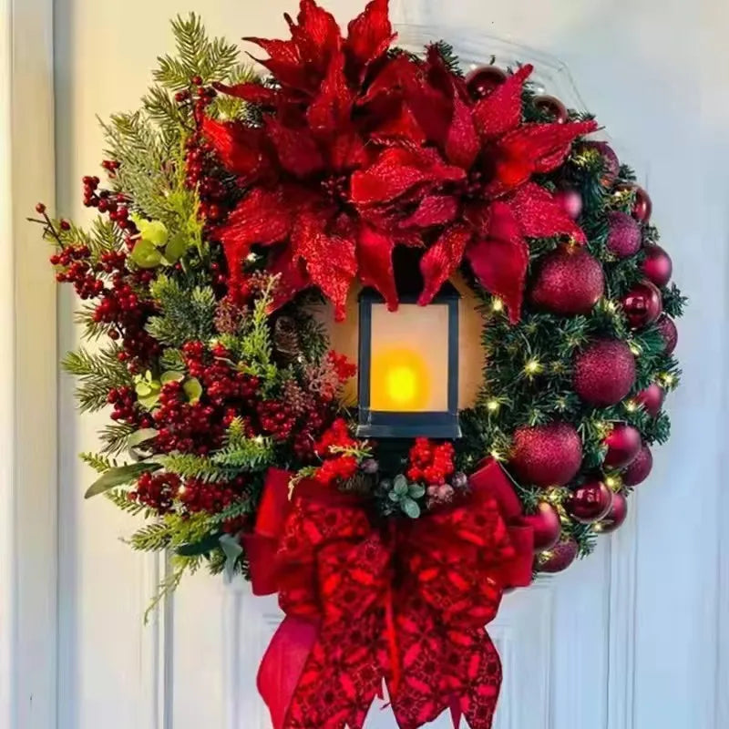 EMESA HOME 45CM Golden Lighted Floral Wreath with Red Ball Accents