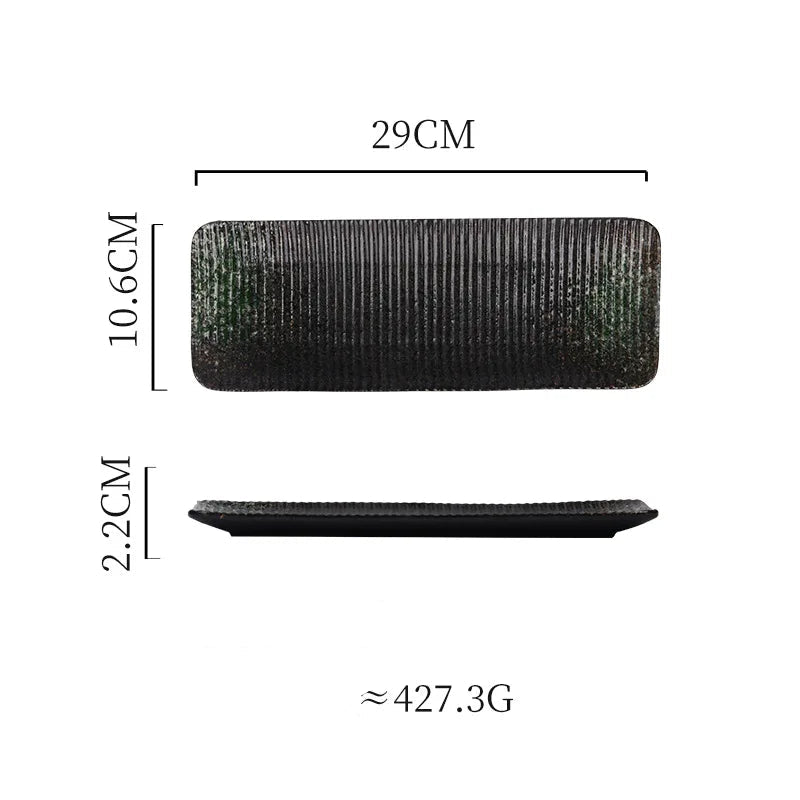 Measurement chart of a black rectangular plate with dimensions and weight information.