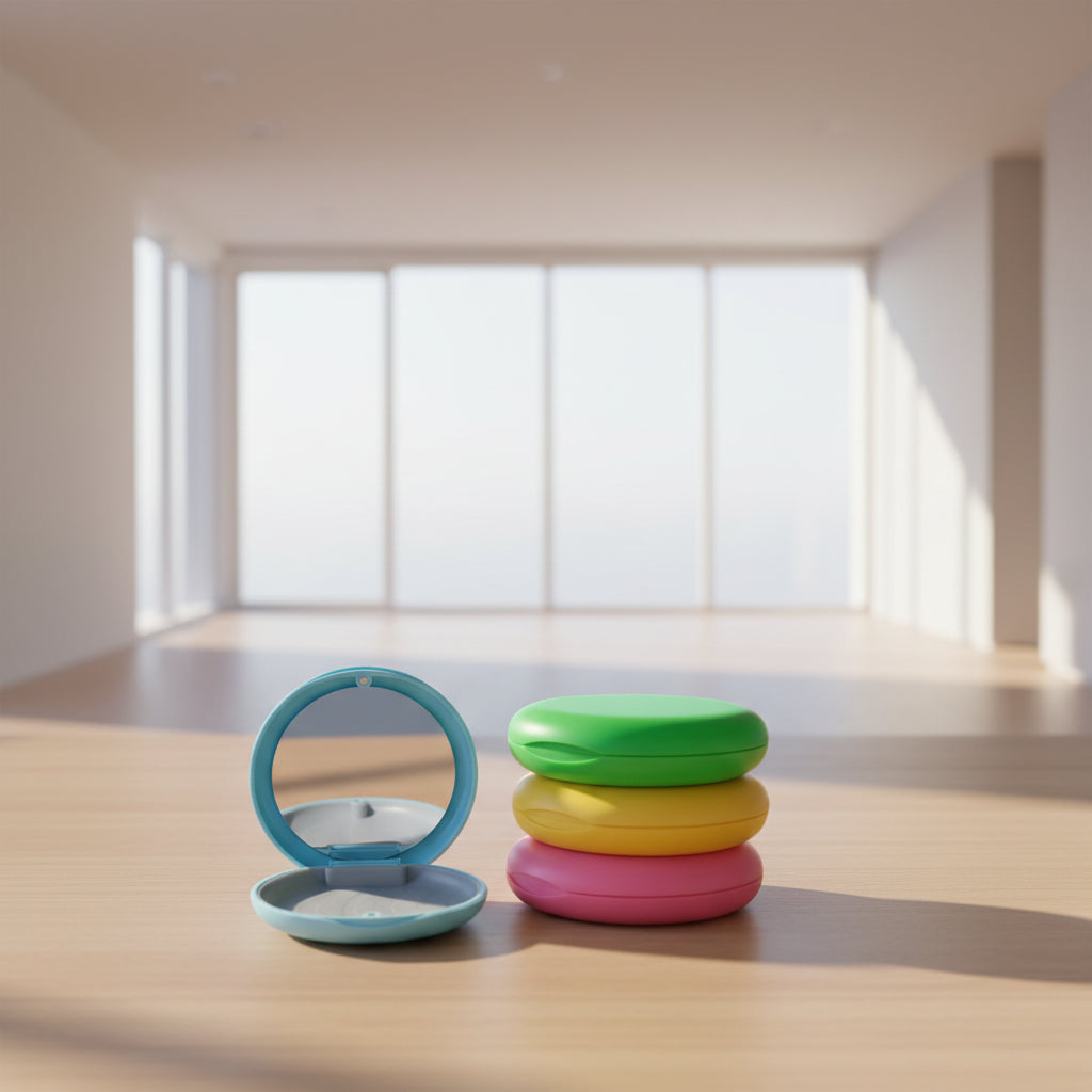 Colorful compact mirror and case set on a white background