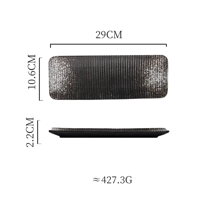 Measurement chart of a black rectangular plate with dimensions and weight information.